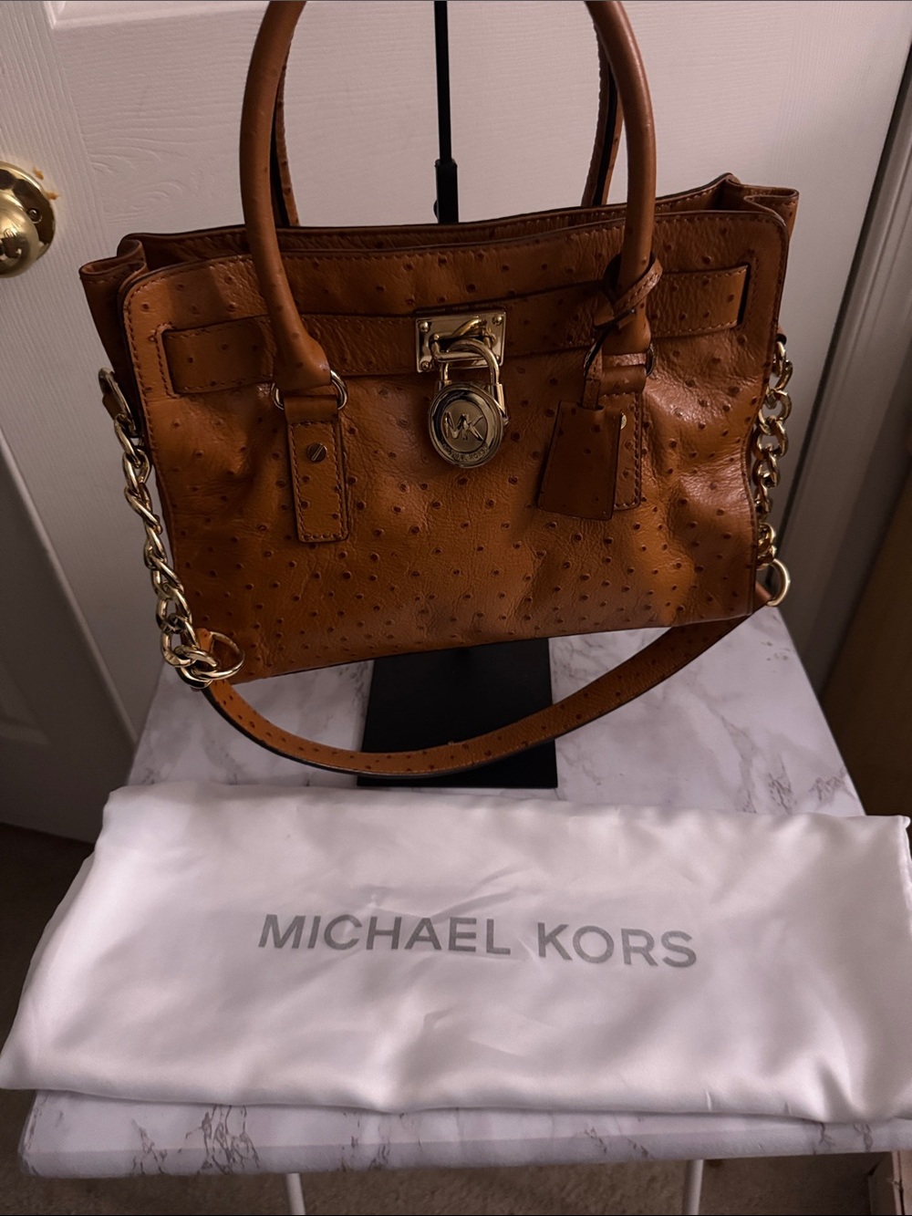 Michael Kors Cognac Ostrich-Embossed Satchel with Gold Hardware